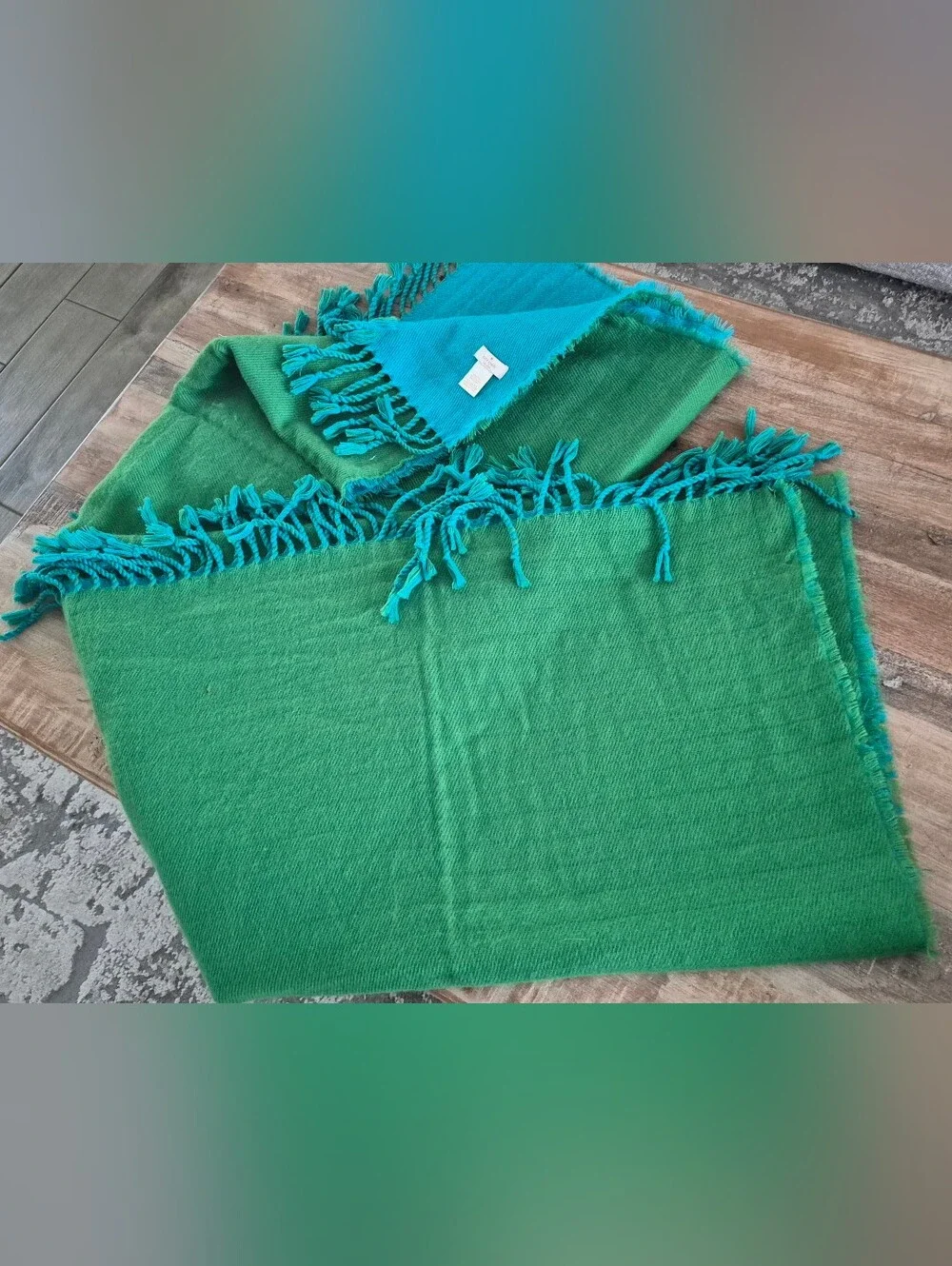 Kate Spade Reversible Blanket Scarf Throw - Green & Turquoise Fringe (53